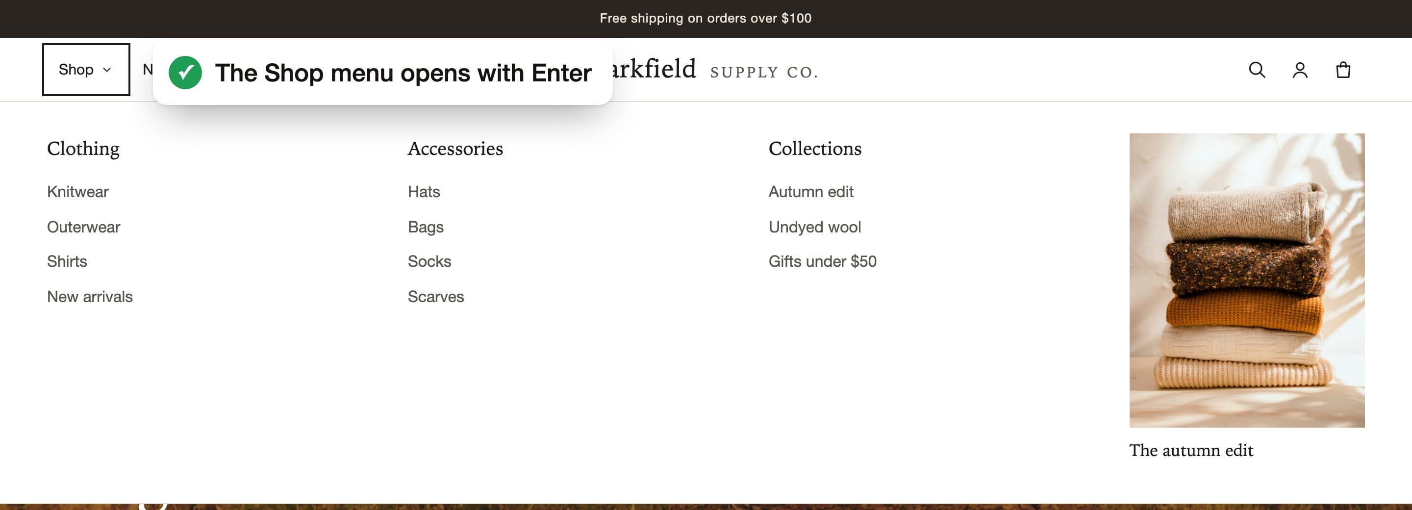 The same header with the Shop menu open. A label says the menu opens with Enter.