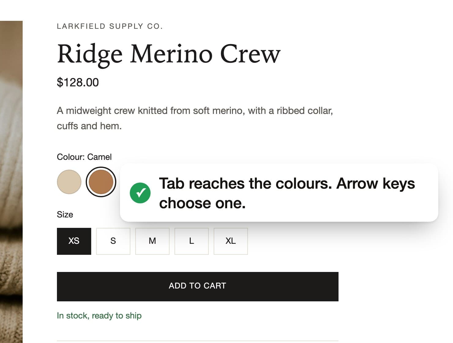 The same swatches with a focus ring on Camel. A label says Tab reaches the colours and arrow keys choose one.