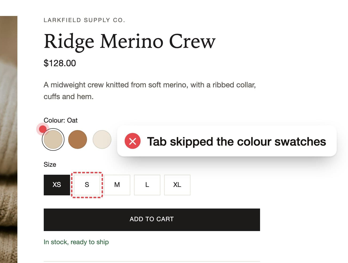 Colour swatches and size buttons. A label says Tab skipped the colour swatches.