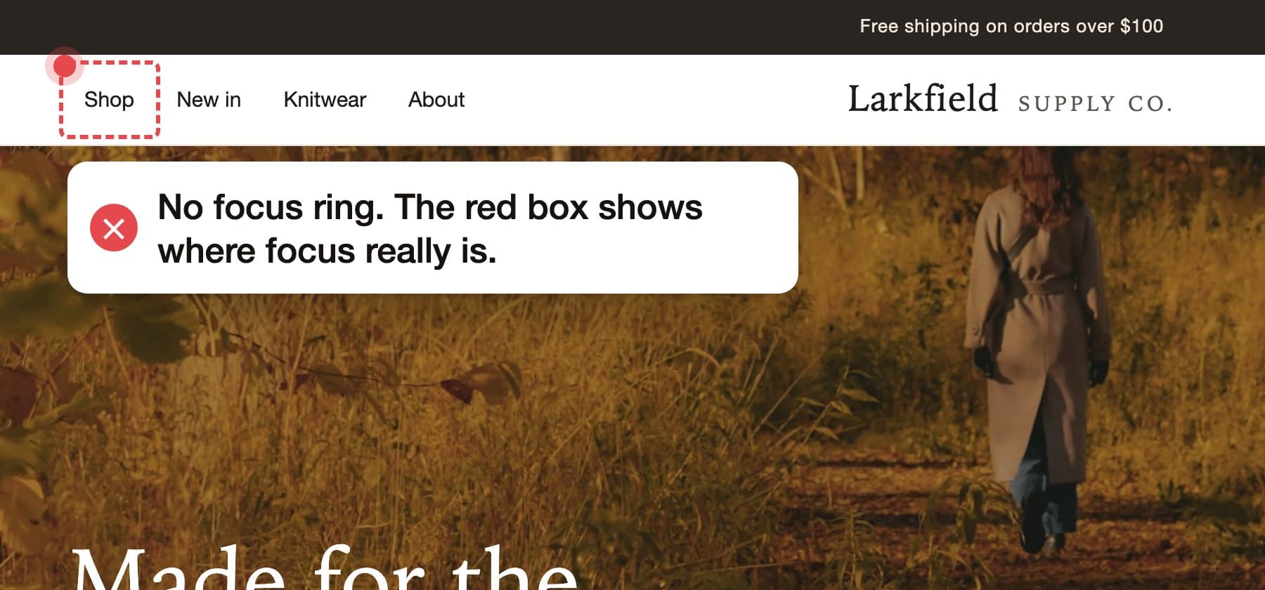 The store header. A red dashed box marks keyboard focus on Shop, which looks no different from the other links.