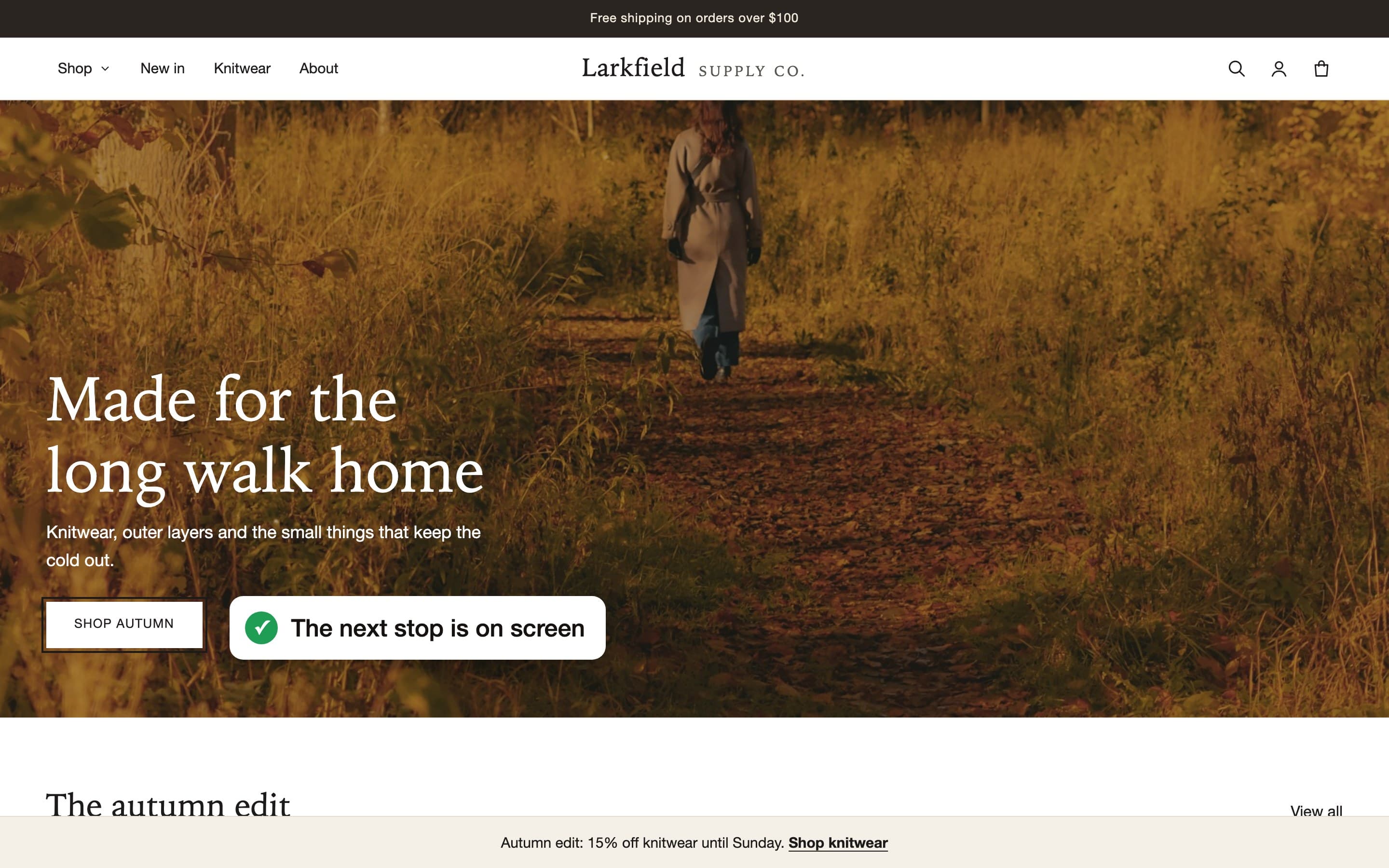 The store home page with a focus ring on the Shop autumn button. A label says the next stop is on screen.