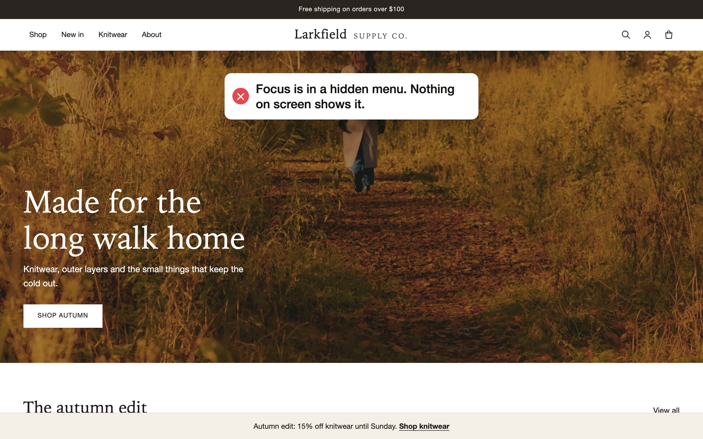 The store home page with no visible focus. A label says focus is in a hidden menu and nothing on screen shows it.