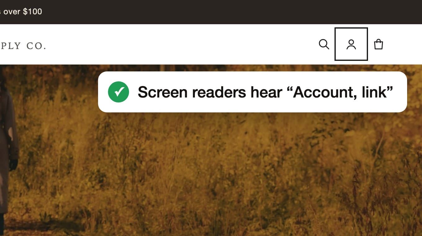 The account icon with a focus ring. A label says screen readers hear Account, link.