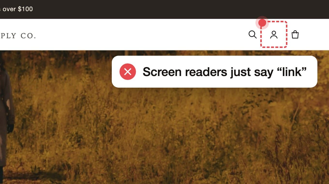 The account icon with a red focus box. A label says screen readers just say link.
