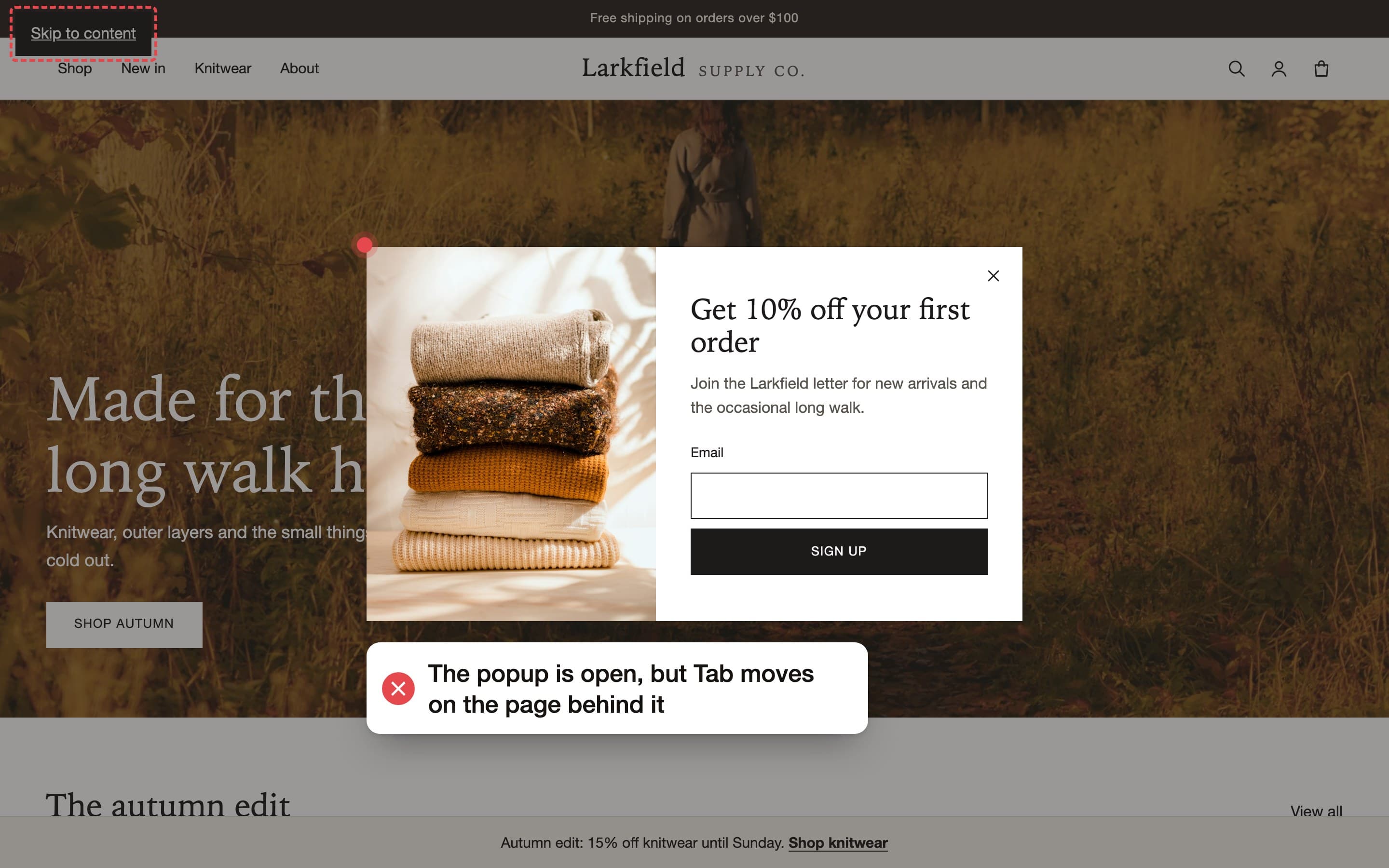 The sign-up popup over the home page. A red dashed box marks focus on the skip link behind it.