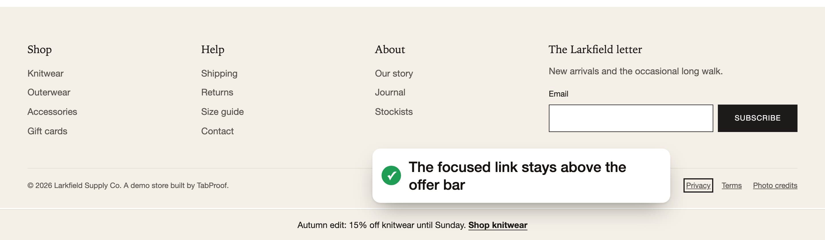 The bottom of the store with the footer links visible above the offer bar and a focus ring on Privacy.