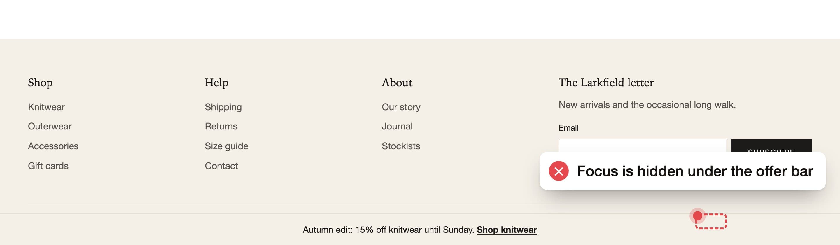 The bottom of the store. A red dashed box behind the offer bar marks keyboard focus on a hidden footer link.