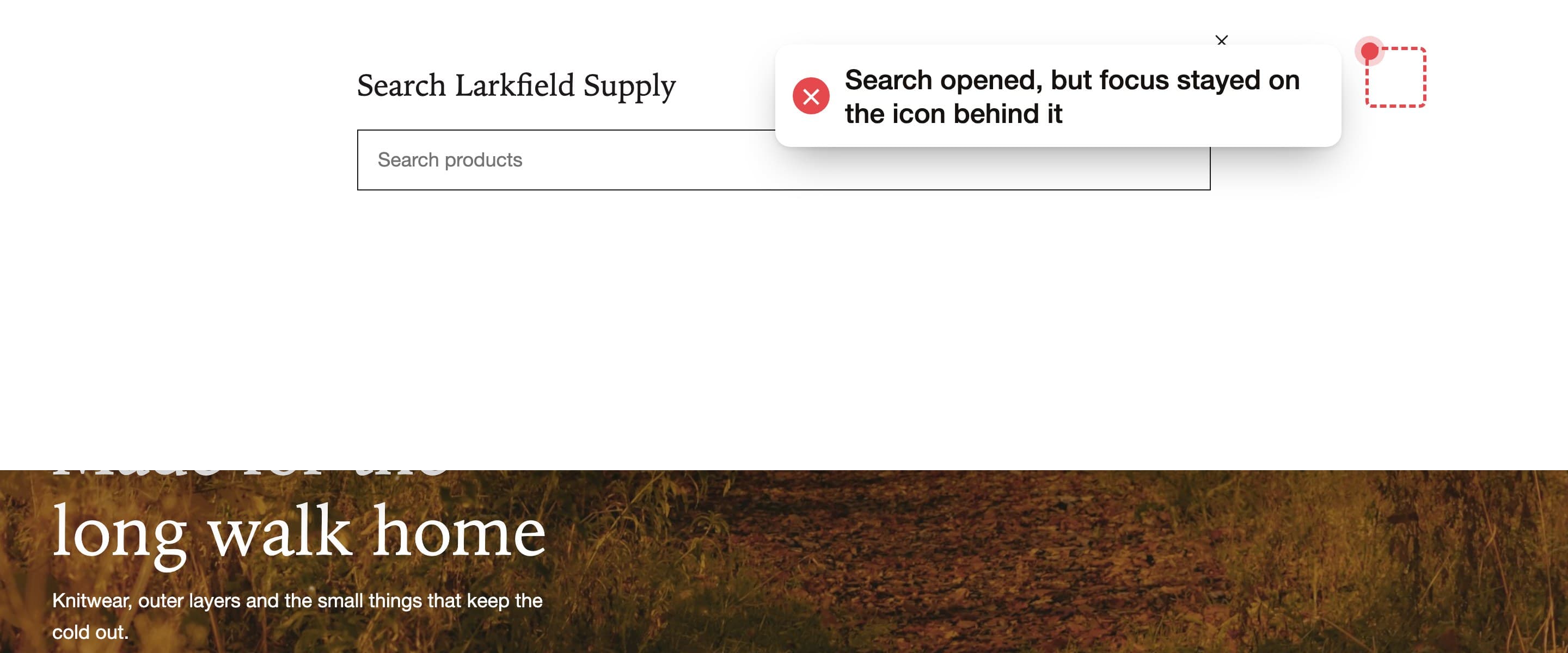 A store with its search panel open. A label says search opened, but focus stayed on the icon behind it.